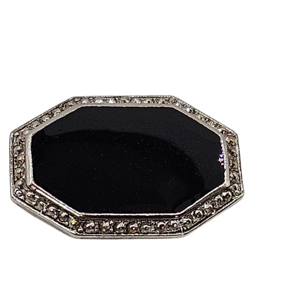 VTG Brooch Silver Tone‎ Marcasite Onyx Oval Octagonal Whimsigoth Grunge Dark Pin